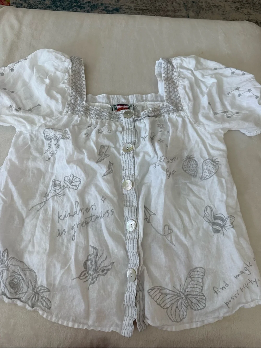 Johnny Was S/S Embroidered Square Neck Sovanna Wander Top White Gray L D79